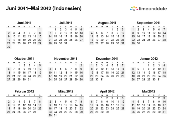 Kalender für 2041 in Indonesien