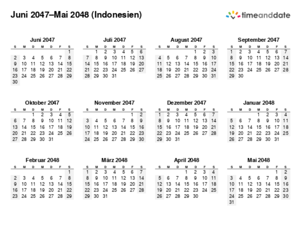 Kalender für 2047 in Indonesien