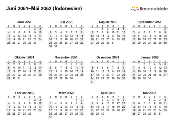 Kalender für 2051 in Indonesien