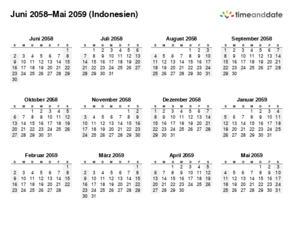 Kalender für 2058 in Indonesien