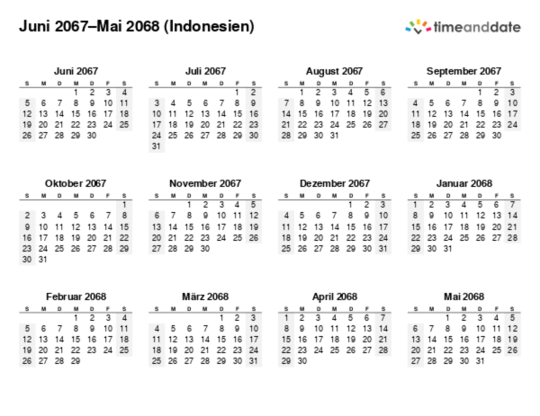 Kalender für 2067 in Indonesien