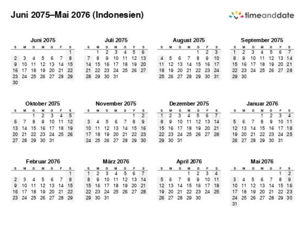 Kalender für 2075 in Indonesien