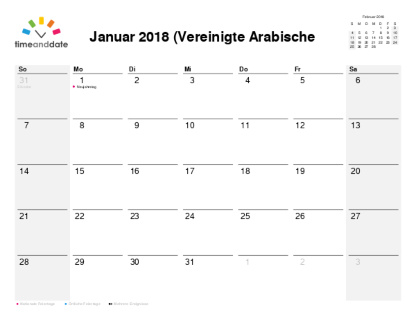 Kalender für 2018 in Vereinigte Arabische Emirate
