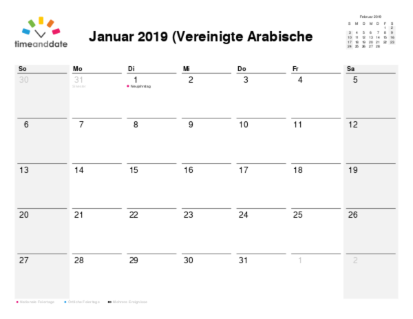 Kalender für 2019 in Vereinigte Arabische Emirate