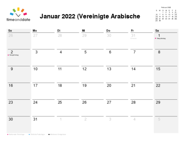 Kalender für 2022 in Vereinigte Arabische Emirate