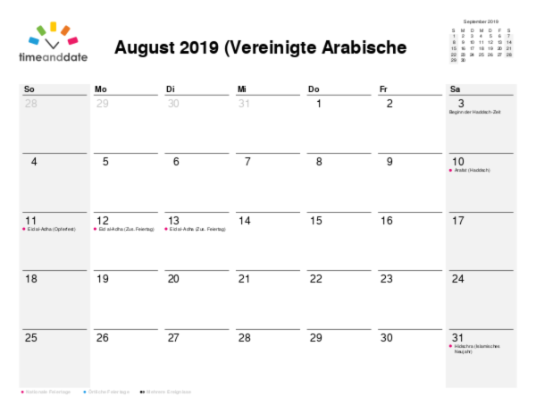 Kalender für 2019 in Vereinigte Arabische Emirate