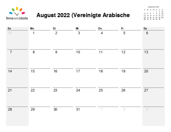 Kalender für 2022 in Vereinigte Arabische Emirate