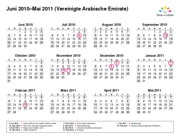 Kalender für 2010 in Vereinigte Arabische Emirate