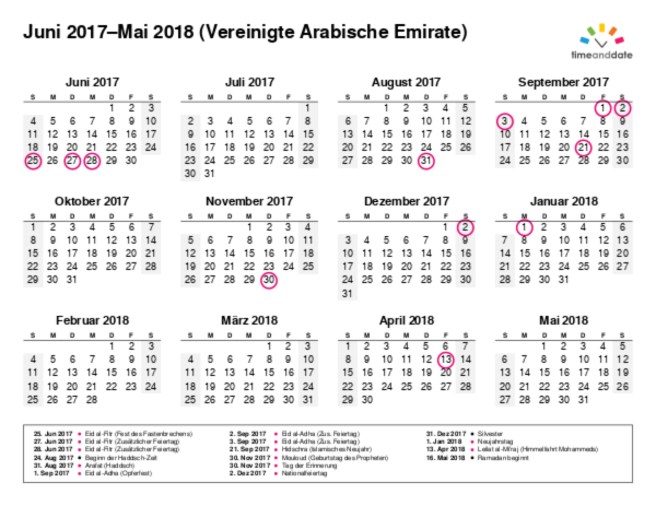 Kalender für 2017 in Vereinigte Arabische Emirate