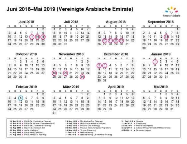Kalender für 2018 in Vereinigte Arabische Emirate
