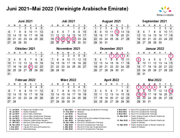 Kalender für 2021 in Vereinigte Arabische Emirate