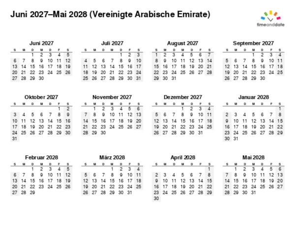 Kalender für 2027 in Vereinigte Arabische Emirate