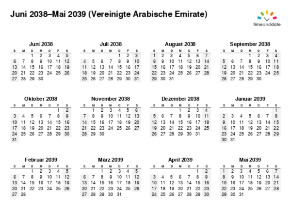Kalender für 2038 in Vereinigte Arabische Emirate