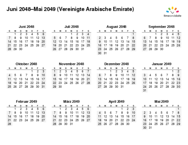 Kalender für 2048 in Vereinigte Arabische Emirate