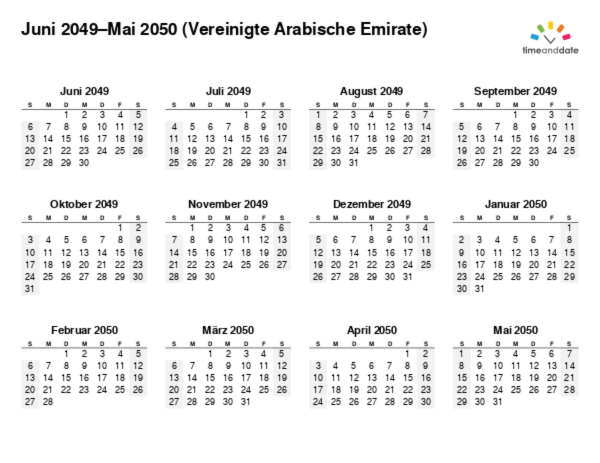 Kalender für 2049 in Vereinigte Arabische Emirate