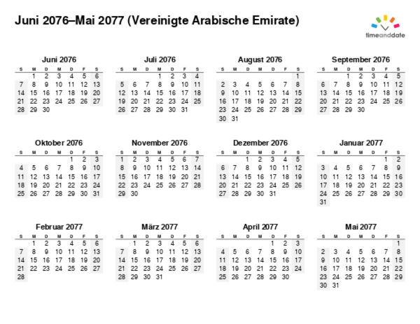 Kalender für 2076 in Vereinigte Arabische Emirate