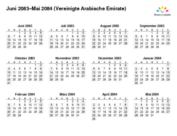 Kalender für 2083 in Vereinigte Arabische Emirate