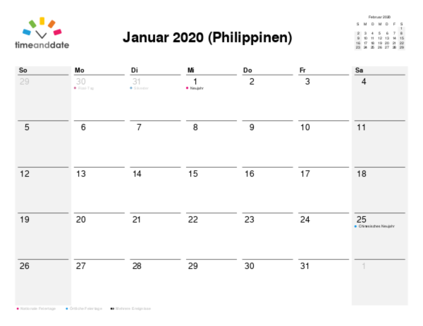 Kalender für 2020 in Philippinen