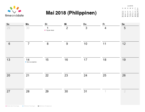Kalender für 2018 in Philippinen