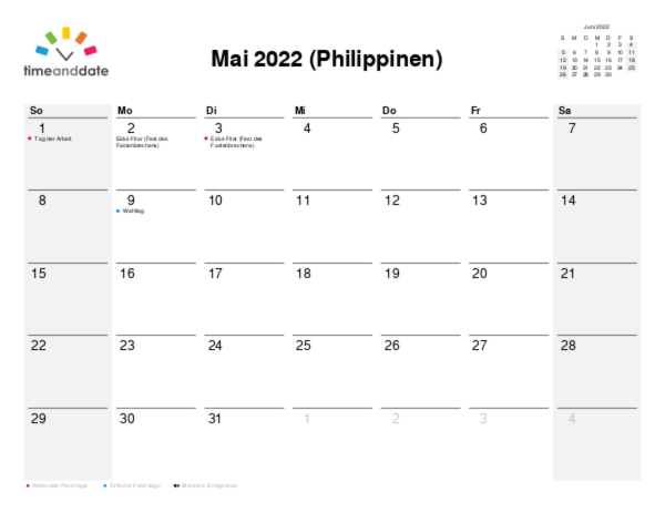 Kalender für 2022 in Philippinen