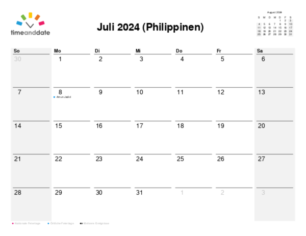 Kalender für 2024 in Philippinen