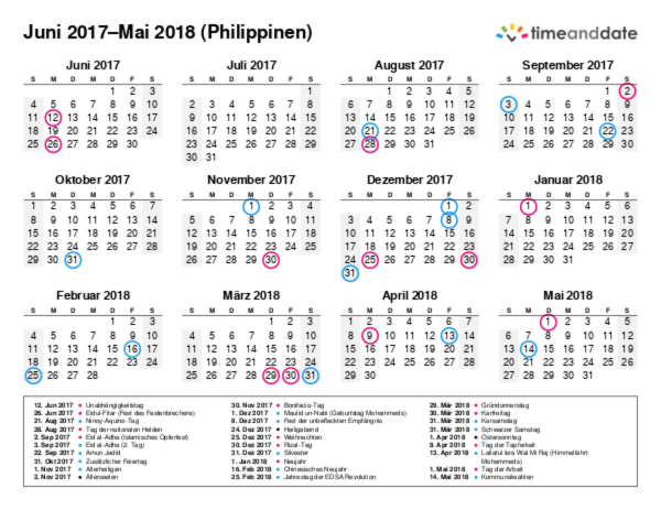 Kalender für 2017 in Philippinen