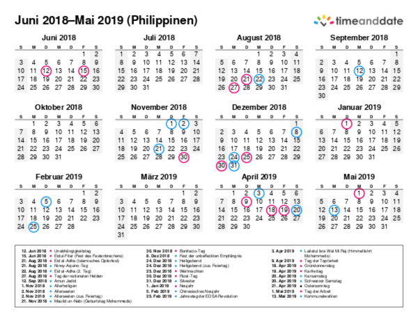 Kalender für 2018 in Philippinen