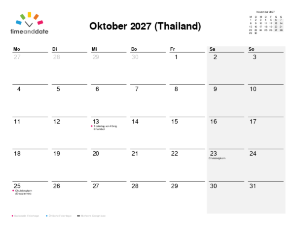 Kalender für 2027 in Thailand