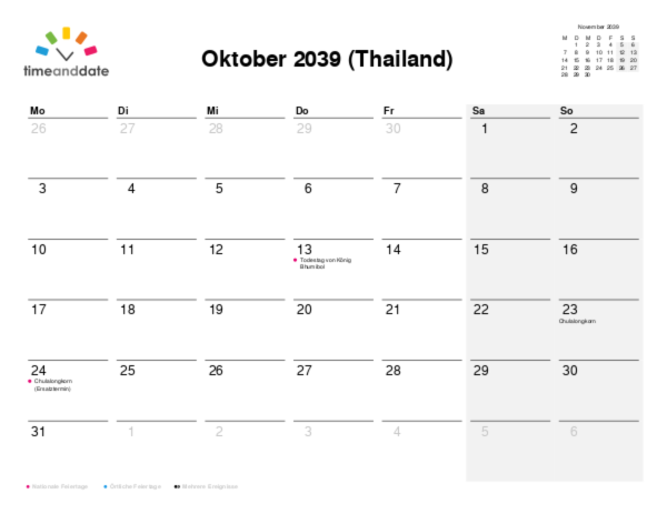 Kalender für 2039 in Thailand