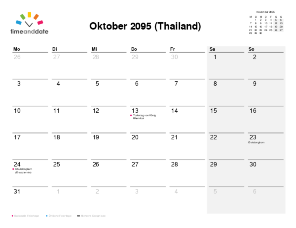 Kalender für 2095 in Thailand