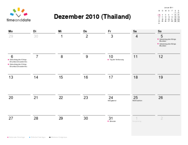 Kalender für 2010 in Thailand