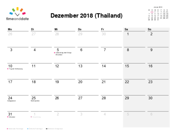 Kalender für 2018 in Thailand