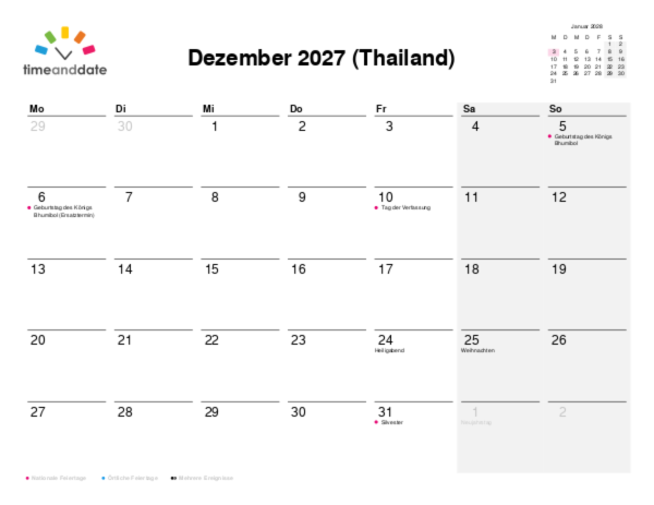 Kalender für 2027 in Thailand