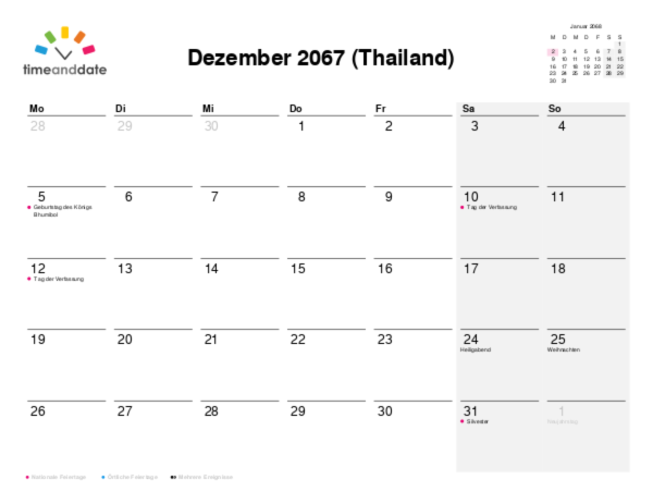 Kalender für 2067 in Thailand