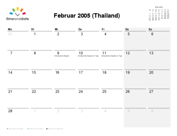 Kalender für 2005 in Thailand