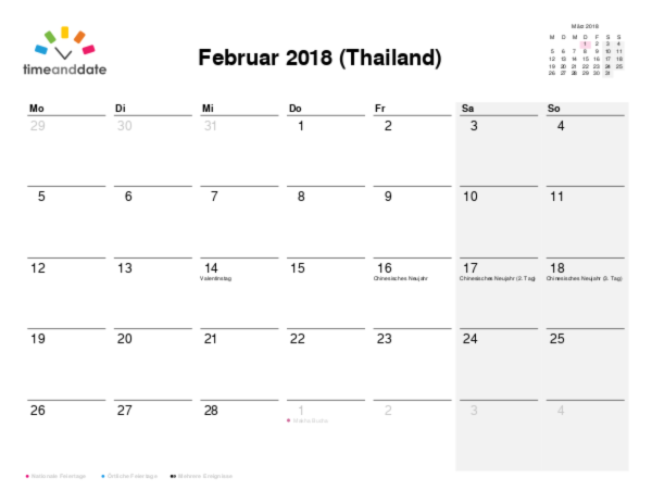 Kalender für 2018 in Thailand