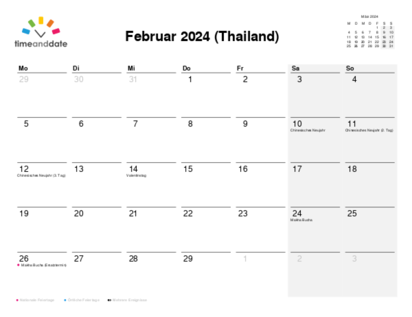 Kalender für 2024 in Thailand