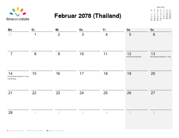 Kalender für 2078 in Thailand