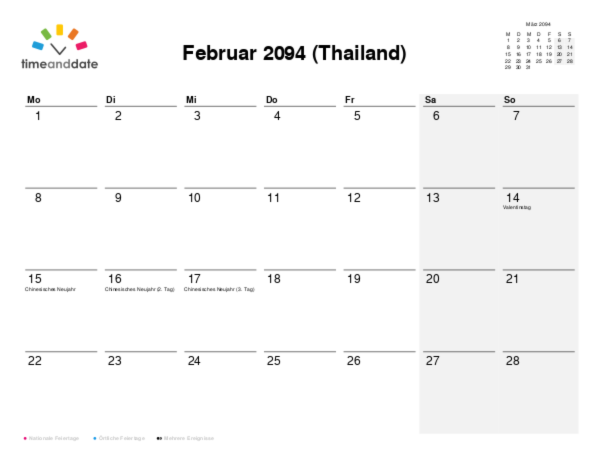 Kalender für 2094 in Thailand