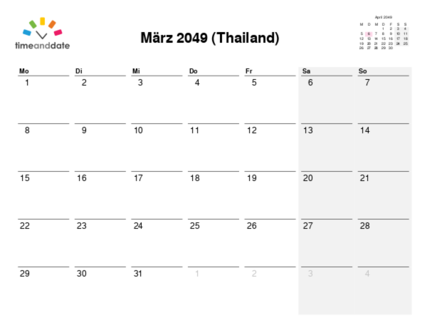 Kalender für 2049 in Thailand