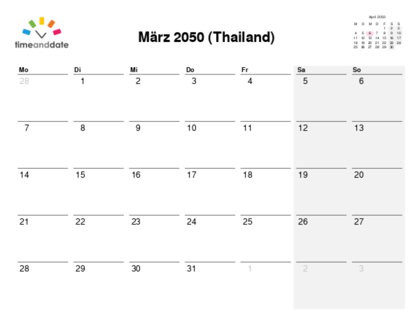 Kalender für 2050 in Thailand