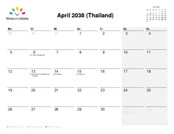 Kalender für 2038 in Thailand