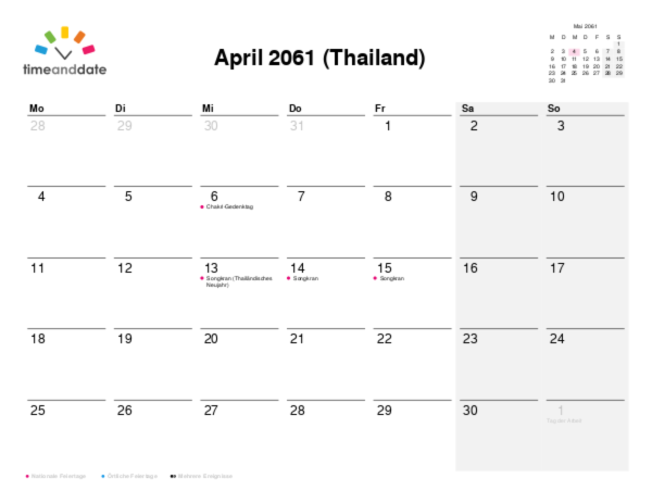 Kalender für 2061 in Thailand