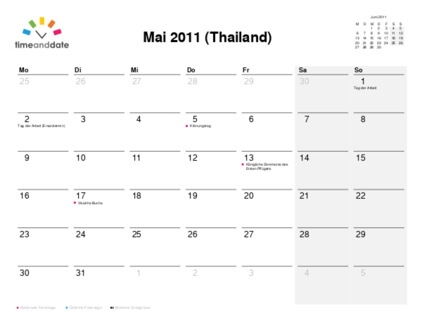 Kalender für 2011 in Thailand