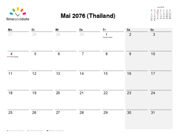 Kalender für 2076 in Thailand