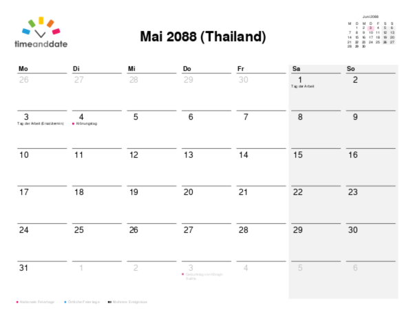 Kalender für 2088 in Thailand