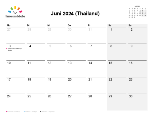 Kalender für 2024 in Thailand