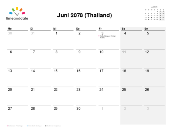 Kalender für 2078 in Thailand