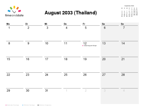 Kalender für 2033 in Thailand