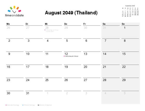 Kalender für 2049 in Thailand